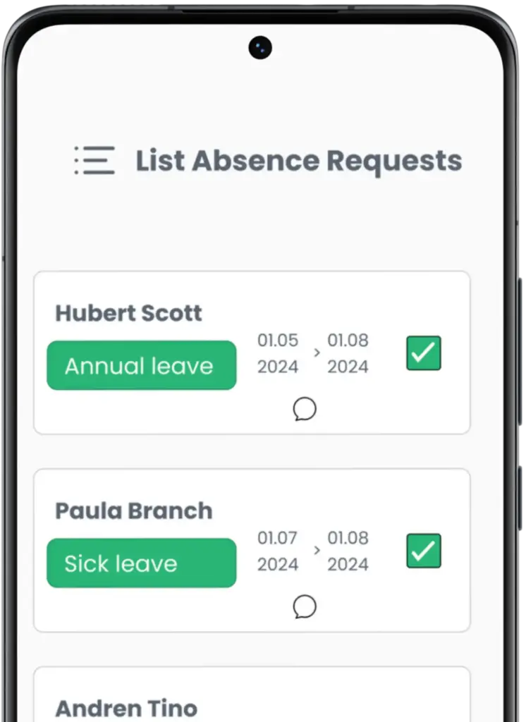A screenshot of the absence requests list in the absence management app, displaying essential data such as employee names, types of absence, and request dates.