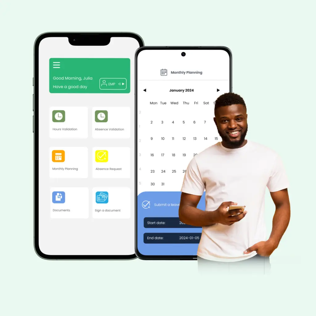 A happy employee holding a mobile device with two smartphones behind him displaying different screenshots of the Swiss HR mobile application.