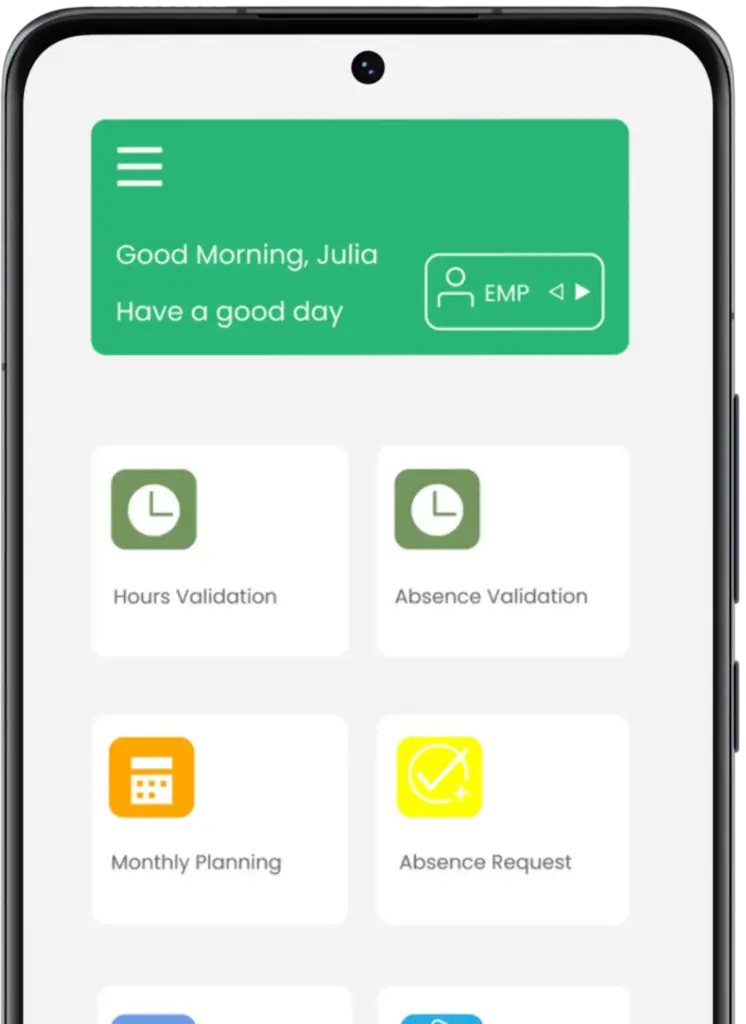 A screenshot of the dashboard of the Swiss HR mobile application, featuring options for hours validations, absence validations, monthly planning, absence requests, documents, and more