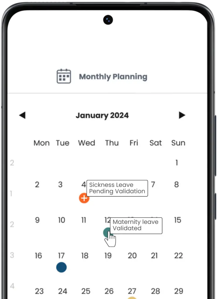 A screenshot of the monthly calendar screen in the Swiss HR mobile application, displaying team absence requests and options to submit absence requests