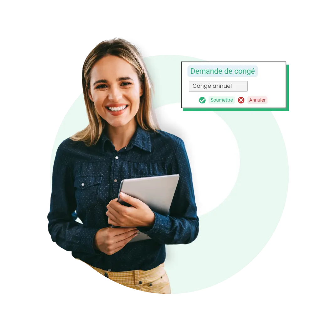 Alt Text (French): Une représentation de nos solutions RH PME Suisse, mettant en avant la commodité de notre application mobile et du portail en libre-service pour que les employés pointent quand et où ils le souhaitent.