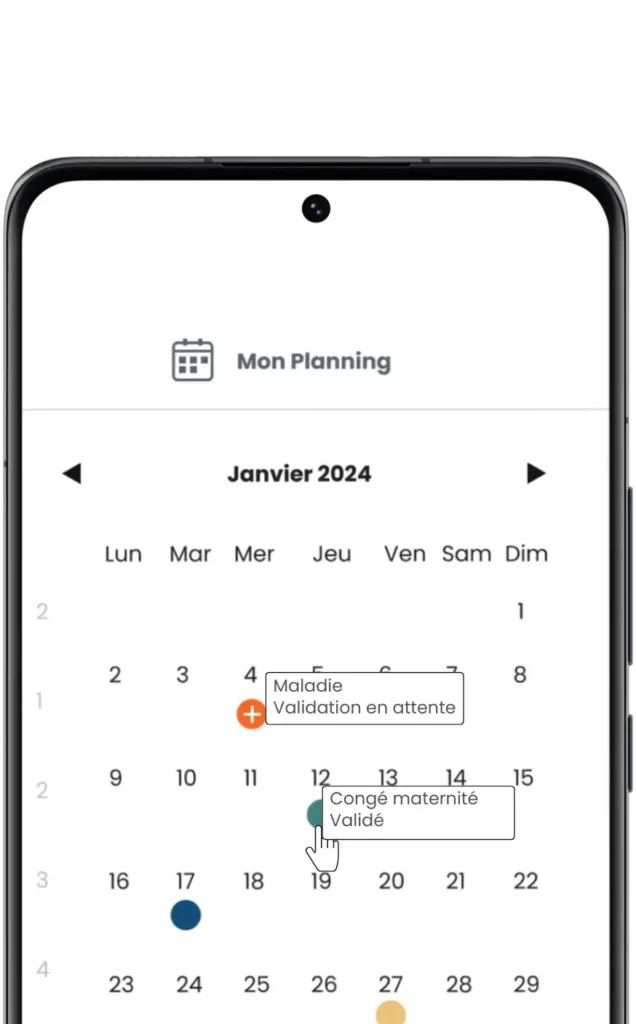 Capture d'écran de l'écran du calendrier mensuel dans l'application NovaWage, affichant les demandes d'absence de l'équipe et les options permettant de soumettre des demandes d'absence.