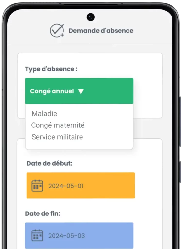 Capture d'écran de l'écran « Absences » de l'application mobile Swiss HR, affichant les options pour différents types d'absences, la sélection de dates, la saisie de commentaires et la pièce jointe de documents pertinents