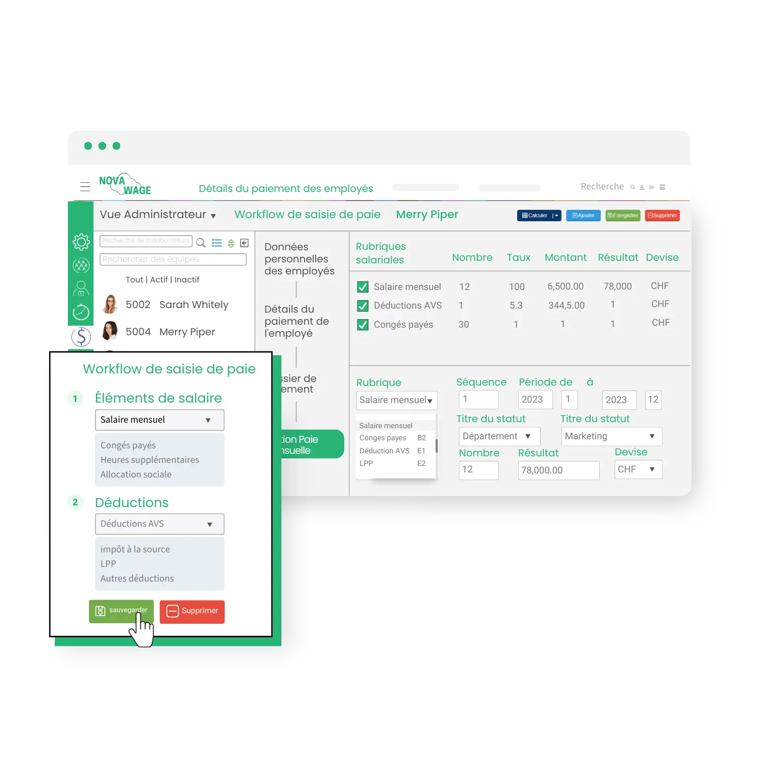 Logiciel de paie Suisse - Capture d'écran de la saisie des éléments de salaire et des deductions