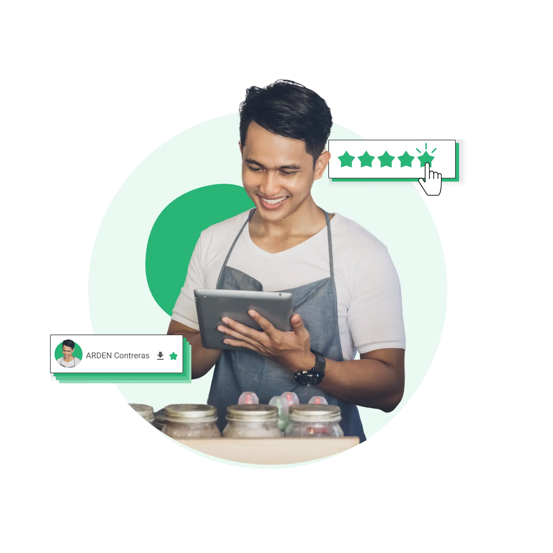 Employé souriant utilisant une tablette pour gérer son activité, illustrant la simplicité et la satisfaction des utilisateurs de la solution RH NovaWage. Une évaluation cinq étoiles symbolise la qualité du service et l’efficacité de la gestion des absences et du personnel en ligne