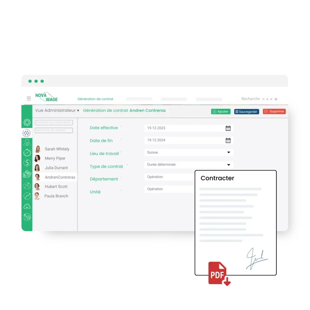 Capture d'écran de notre logiciel de base de données des employés avec une illustration d'un contrat numérique en premier plan.