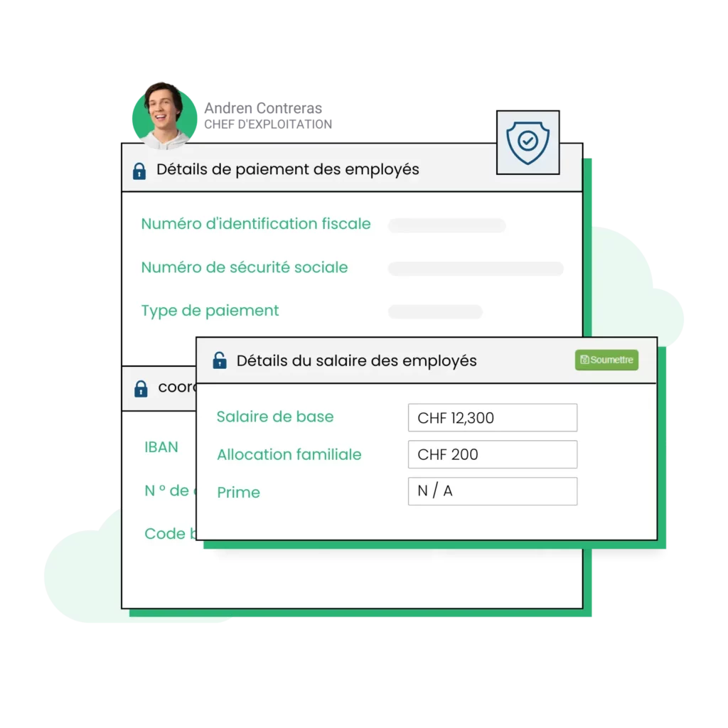 Illustration de la saisie simplifiée des données pour le calcul de la paie, avec une icône de bouclier pour la sécurité des données.