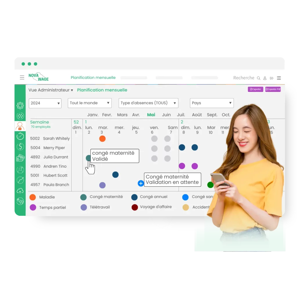 Alt Text (French): Jeune femme heureuse de pouvoir gérer elle-même ses absences sur son téléphone portable grâce à Novawage. En arrière plan, on voit une capture d'écran d'un logiciel de gestion des absences affichant les demandes d'absence de l'équipe et la planification mensuelle.