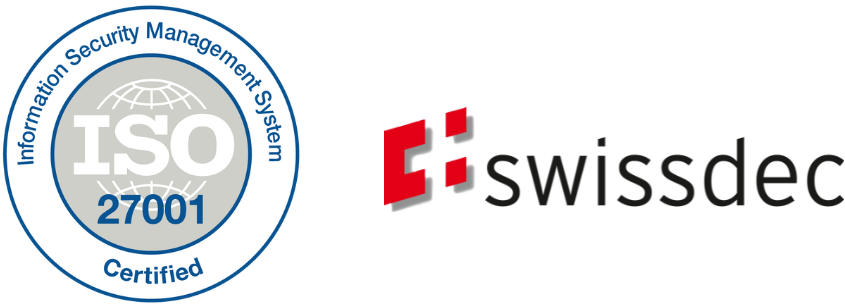 Alt Text (French): Sécurité chez NovaWage : logos ISO 27001 et Swissdec, symboles des mesures de sécurité des données mises en œuvre par le logiciel RH NovaWage.