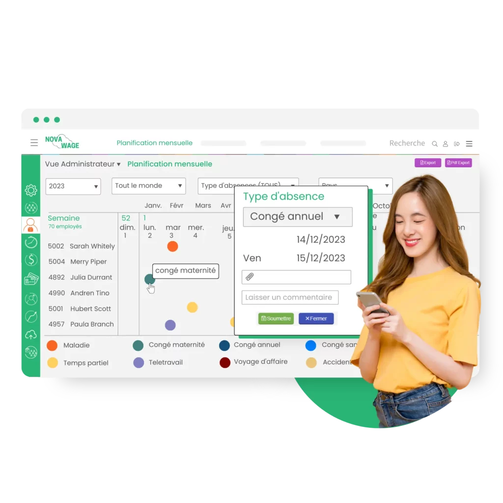 Une jeune femme satisfaite utilise notre logiciel Novawage pour gérer ses absences sur son téléphone portable. Elle accède au portail en libre-service pour demander des congés et consulter les demandes de son équipe afin d'éviter les chevauchements.