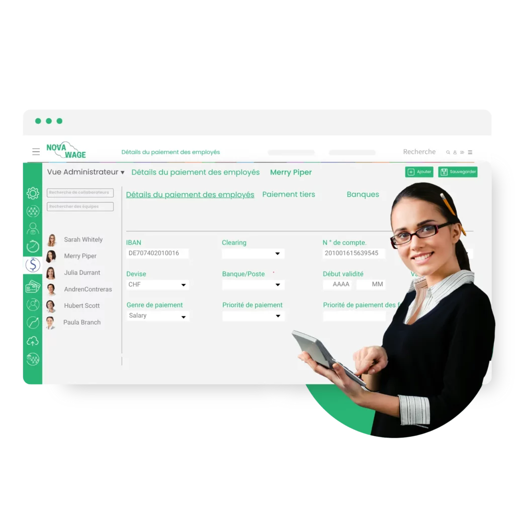 Alt Text (French): Une femme heureuse tenant une calculatrice, présentant une capture d'écran de notre logiciel de paie RH PME Suisse Solutions, permettant de simplifier tous vos processus de paie, de générer des bulletins de paie multilingues, et plus encore.