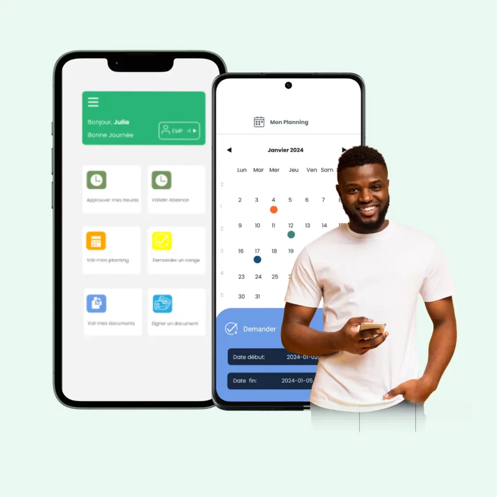 Un employé heureux tenant un appareil mobile avec deux smartphones derrière lui affichant différentes captures d'écran de l'application mobile suisse RH.