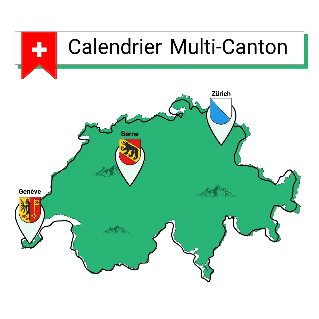 Solution de paie suisse avec fonction de paie multicantonale - Illustration d'une carte de Suisse avec trois icônes de localisation représentant trois cantons pour symboliser la paie multi-cantonale