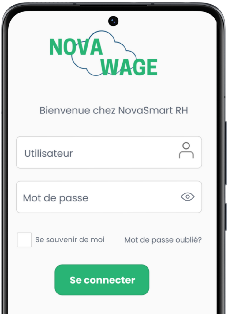 Capture d'écran de l'écran de connexion à NovaWage présentant l'authentification unique (SSO), l'authentification à deux facteurs et la gestion des niveaux d'accès.