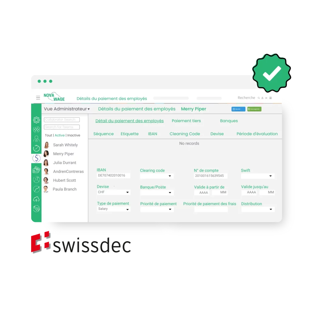 Capture d'écran du logiciel de paie avec l'icône du certificat Swissdec