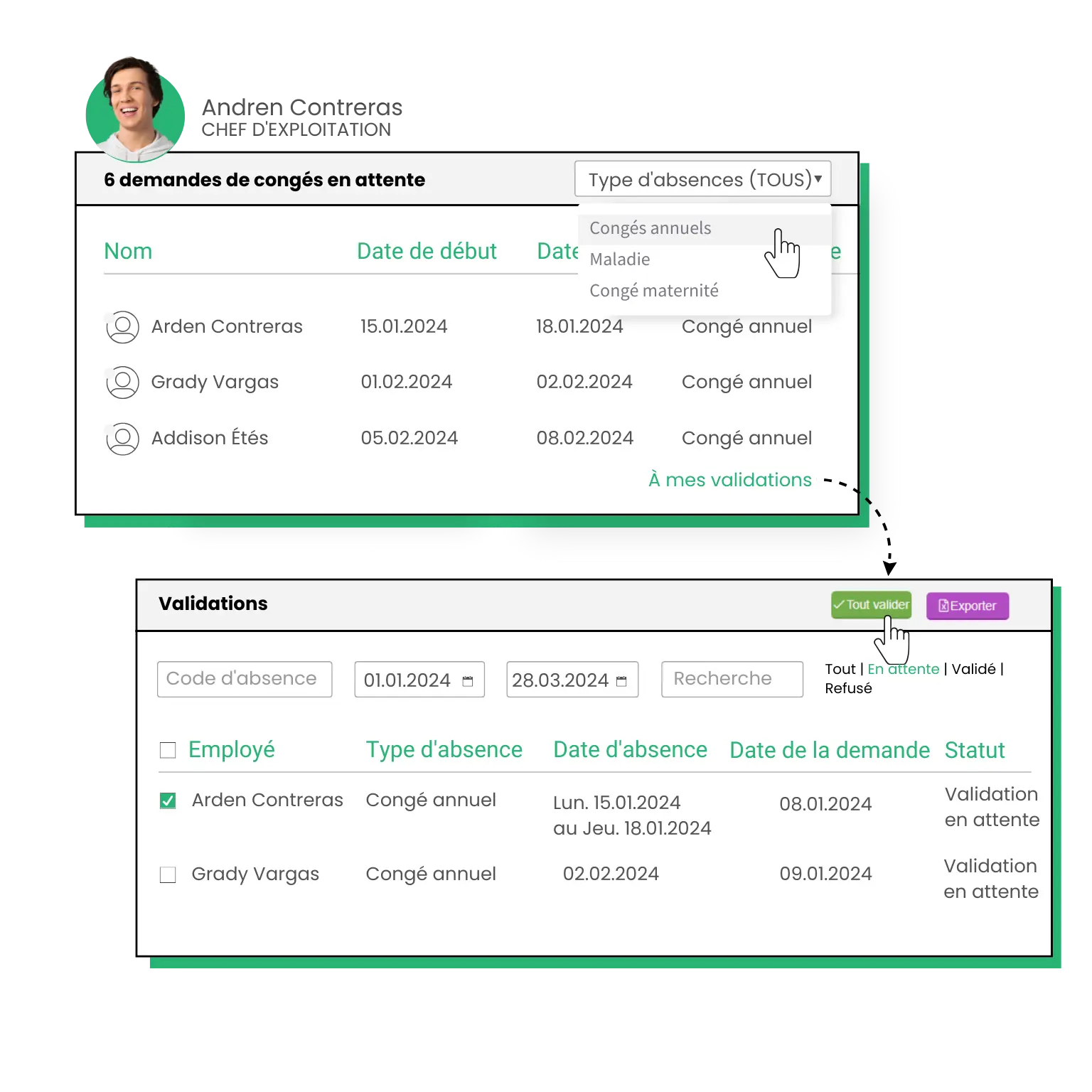 Tableau de gestion des congés pour entreprises, illustrant la validation des absences par le chef d’exploitation via une solution RH en ligne. L’interface intuitive permet de filtrer les types de congés (annuels, maladie, maternité) et de suivre l’état des demandes des employés, simplifiant le pilotage des absences et la gestion du personnel.