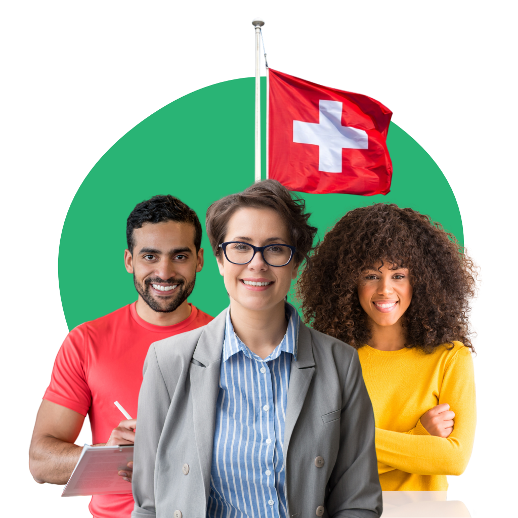 Three happy people with Swiss flag in the background
