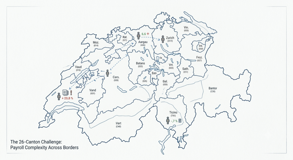 Simple map of Switzerland, cantons outlined, with 3–4 small icons showing an employee "moving" between cantons and a rate indicator changing.