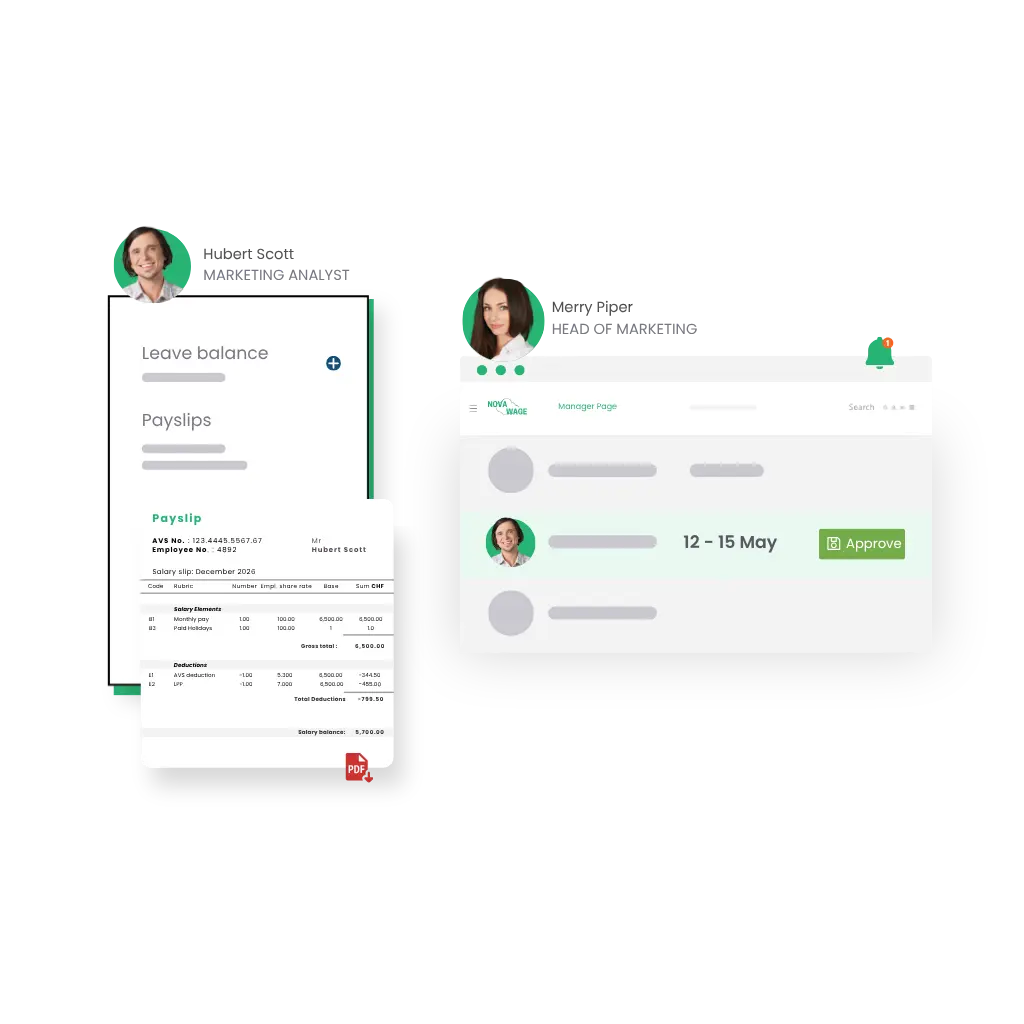 An employee submitting leave on a phone and a manager approving it in one tap in the browser
